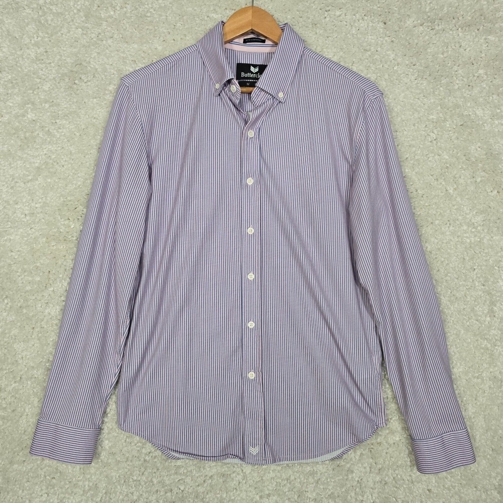 Buttercloth Icy Cotton Mens Medium Pink Blue Stripe Slim Fit Knit Button Down